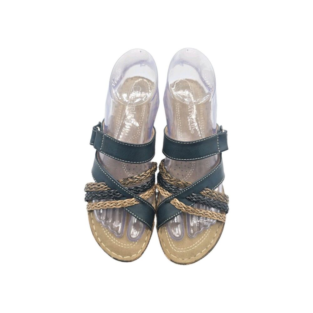 Patrizia by Spring Step Women’s Shoes 7 Blue Tan Slip On Wedge Braided Strap